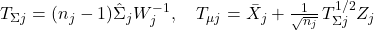  T_{\Sigma j} = (n_j - 1) \hat{\Sigma}_j W_j^{-1}, \quad T_{\mu j} = \bar{X}_j + \frac{1}{\sqrt{n_j}} \, T_{\Sigma j}^{1/2} Z_j 