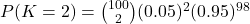  P(K = 2) = \binom{100}{2} (0.05)^2 (0.95)^{98} 