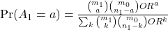  \Pr(A_1 = a) = \frac{\binom{m_1}{a} \binom{m_0}{n_1 - a} OR^a}{\sum_{k} \binom{m_1}{k} \binom{m_0}{n_1 - k} OR^k} 