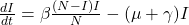 \frac{dI}{dt} = \beta \frac{(N - I) I}{N} - (\mu + \gamma) I