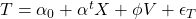  T = \alpha_0 + \alpha^t X + \phi V + \epsilon_T 