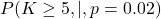  P(K \geq 5 ,|, p = 0.02) 